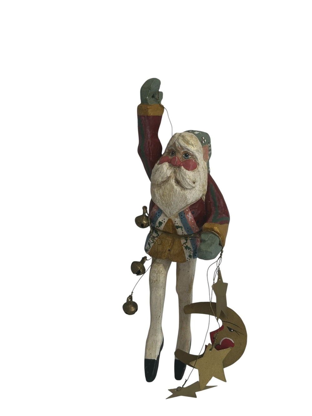 VTG Folk Art Santa Moon & Star Hanging Ornament Rustic Primitive Christmas Decor